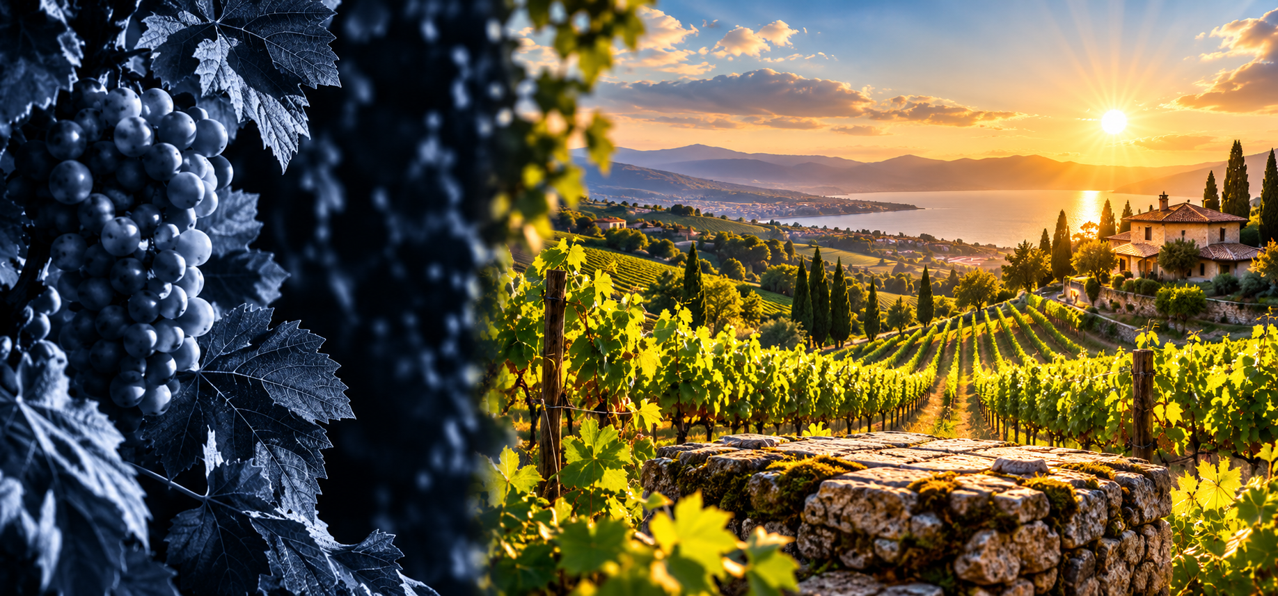 Летни лозя на Villa Vinifera, огрени от залязващото слънце, с гроздове, зелени лозови масиви и каменна основа за бутилка вино.