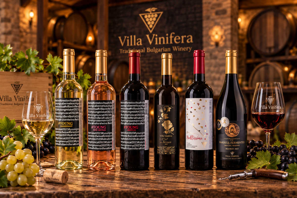 Художествена композиция с шест бутилки вина Villa Vinifera, подредени върху дървена маса във винена изба